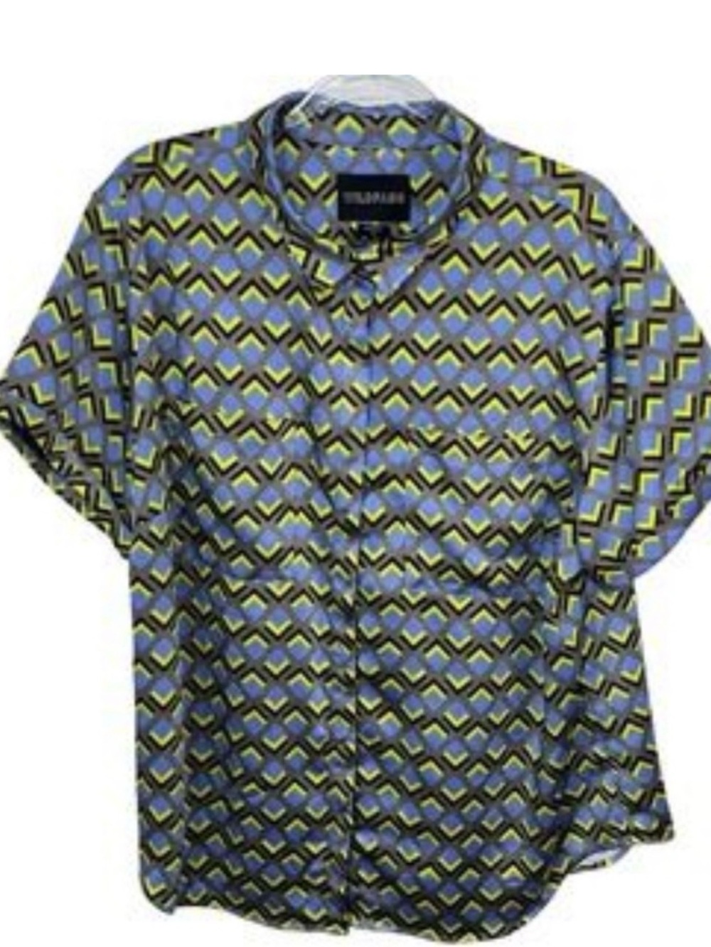 Wildfang Women's Empower Shirt Large Geometric Satin Button Up Blue Yellow Geo